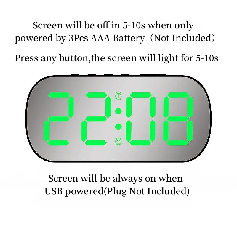 Mirror Digital Alarm Clock Teperature Date Display Night Mode Snooze Table Clock 5 Level Brightness Dual Alarm12/24H LED Clock