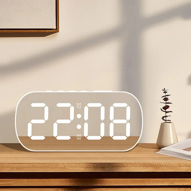 Mirror Digital Alarm Clock Teperature Date Display Night Mode Snooze Table Clock 5 Level Brightness Dual Alarm12/24H LED Clock